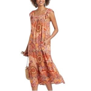 Knox Rose Orange Paisley Print Sleeveless Dress Tiered Midi Square Neck - XL
